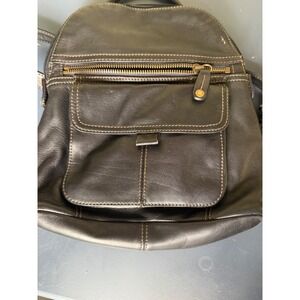 Fossil Black Leather Small Backpack Purse Contrast Stitch Brass Hardware Bag